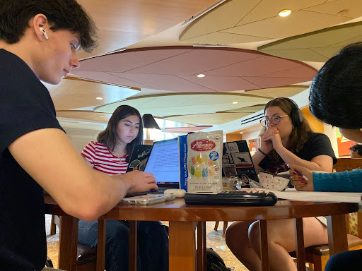 Studying seniors Thomas Woodrow, Sonia Oulamine, Chloe Davis, and Shivani Devrapally work on their assignments during their free period.