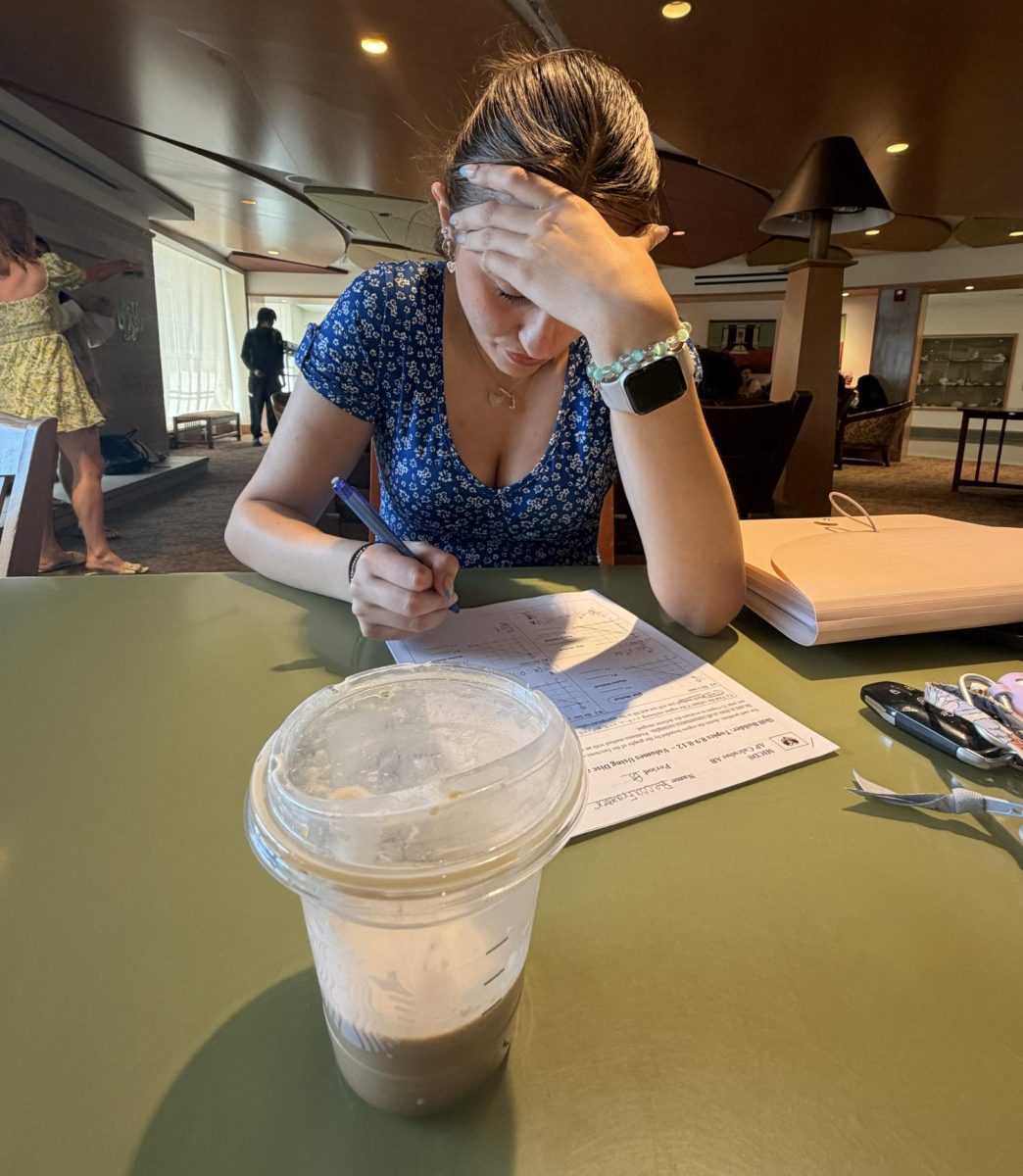 Stressing out about her AP Calculus AB test, Becca Frazier ‘26 attempts to focus while enjoying an iced coffee from Starbucks April 21.
